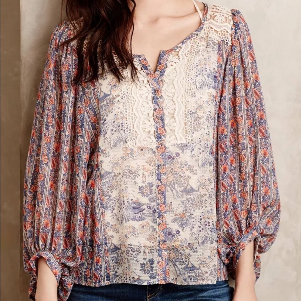 HD In Paris Anthropologie Chinoiserie Peasant Bohemian Multicolor Blouse Size 10